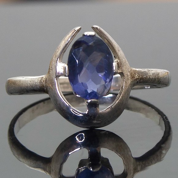 Blue Iolite Gemstone Vintage Custom Made Silver Ring, Size 7, Stamped 925 - Picture 3 of 9